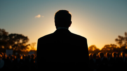Silhouette of political candidate at rally during sunset.