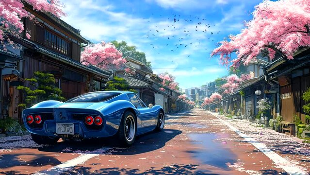 Spring scenery and cherry blossom trees with sports cars in the background. Seamless looping 4k time-lapse virtual video animation background 