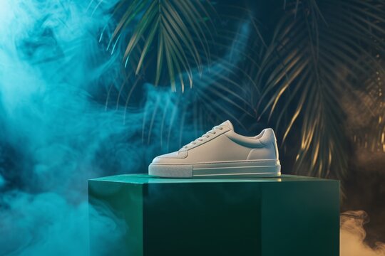 Stylish white sneaker on a pedestal with tropical foliage and misty atmosphere.