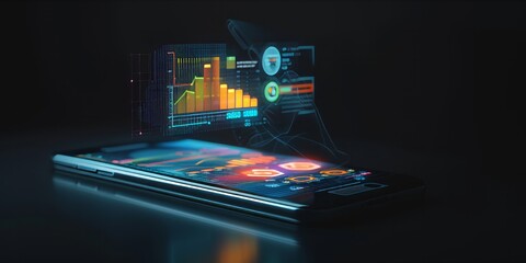 Smartphone with holographic projection of KPI and analytics dashboard.