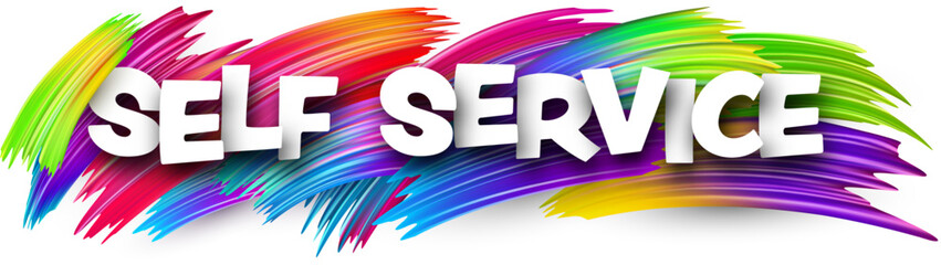 Self service paper word sign with colorful spectrum paint brush strokes over white.