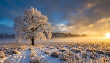 Obraz na płótnie Canvas Winterlandschaft mit Morgennebel und einem mit Reif bedeckte Baum 