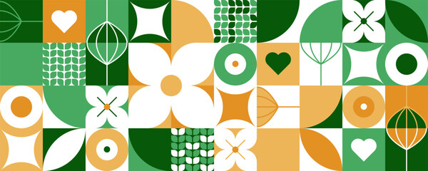 Trendy minimalistic seamless geometric pattern with simple shapes and elements: flower, heart, leaf, circle, line, square. Backgrounds for poster, textile, banner, print