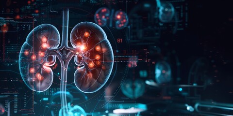 Obraz premium Transparent digital illustration of kidneys with health monitoring data.