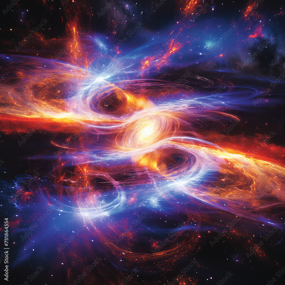 Wall mural galactic collision art. artistic representation of a cosmic collision in a vibrant galaxy.