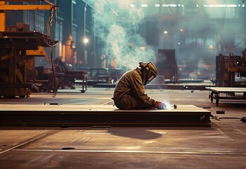 A skilled welder at work: a dynamic display of sparks and craftsmanship in an industrial environment - obrazy, fototapety, plakaty