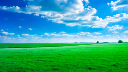 Fototapeta premium meadow, grassland, landscape,agriculture,lawn, field, sky, cloud, flower, nature, spring,Background image of a vast green field under a bright blue sky. bright green grass Receives light well The ba