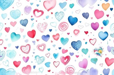 Hand drawn hearts and love signs romantic seamless pattern. Isolated drawn multi-colored repeating patterns on a white background. Cute doodle heart style seamless pattern on white background