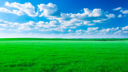Fototapeta premium meadow, grassland, landscape,agriculture,lawn, field, sky, cloud, flower, nature, spring,Background image of a vast green field under a bright blue sky. bright green grass Receives light well The ba