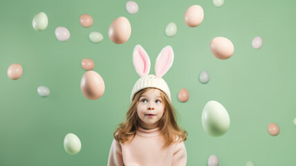 Obraz na płótnie Canvas Beautiful little girl with rabbit ears and flying eggs on pastel background banner