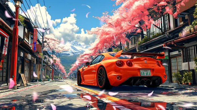 Spring scenery and cherry blossom trees with sports cars in the background. Seamless looping 4k time-lapse virtual video animation background 