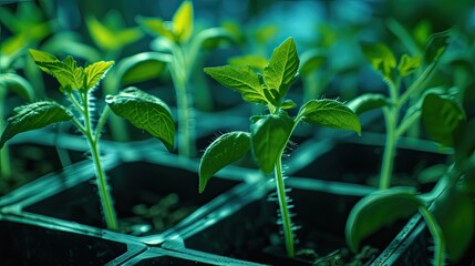 Fototapeta premium two weeks old tomato seeds grow in seedling tray in a greenhouse
