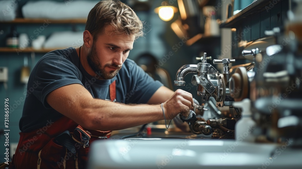 Aufkleber a plumber repairing sink. male worker using tool while fixing appliance in bathroom. he is working o
