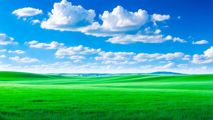 Fototapeta premium meadow, grassland, landscape,agriculture,lawn, field, sky, cloud, flower, nature, spring,Background image of a vast green field under a bright blue sky. bright green grass Receives light well The ba