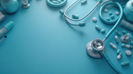 Top view of medical stethoscope on a blue background Health insurance concept - obrazy, fototapety, plakaty