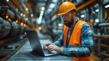 A professional heavy industry engineer in a protective uniform and hard hat works at a laptop computer in an enterprise.