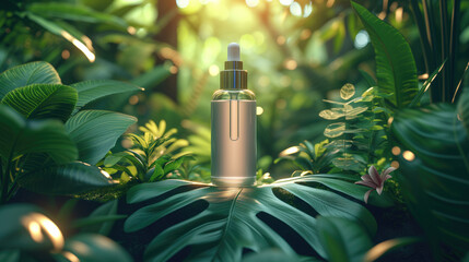packaging serum or cosmetics fragrance with modern design and elegance in tropical forest for product presentation on green background and dramatic light. 