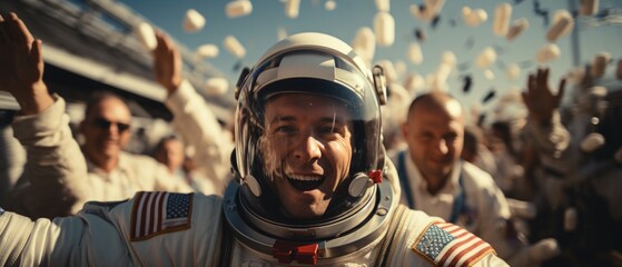 A close-up portrait of a joyful cosmonaut who successfully returned to earth after a space mission - obrazy, fototapety, plakaty