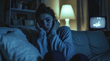 female teenager scared of something, her face looks afraid and depressed, she is sitting on a sofa, the vibe is dark dan moody