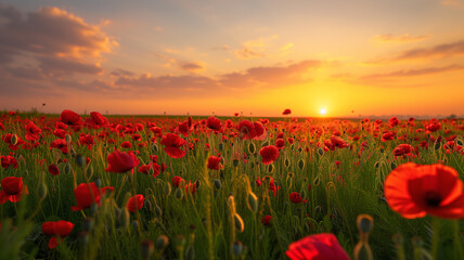 Tranquil Meadow, Colorful Poppies Bloom under Pastel Sunset