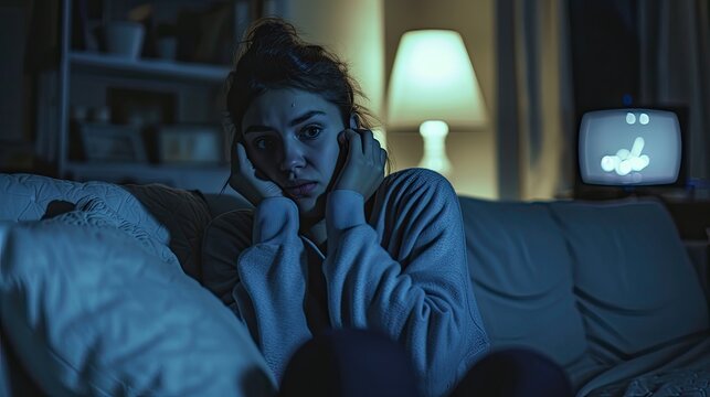 female teenager scared of something, her face looks afraid and depressed, she is sitting on a sofa, the vibe is dark dan moody