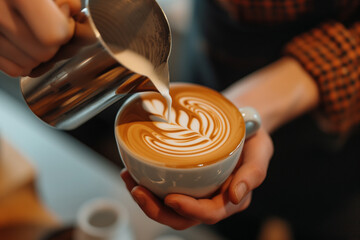 Fototapeta na wymiar Latte Art Partners, Friends Pouring Milk, Crafting Cappuccino Designs