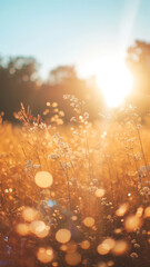 golden hour sunlight creating natural bokeh in a field, serene