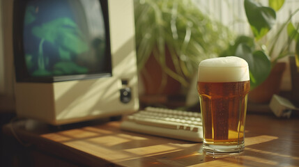 Cinematic wide angle photograph of a beer pint glass on a desk with an 90s beige computer. Product photography. Advertising. - obrazy, fototapety, plakaty