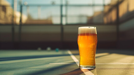 Cinematic wide angle photograph of a beer pint glass in a 90s padel court.  Product photography. Advertising. - obrazy, fototapety, plakaty