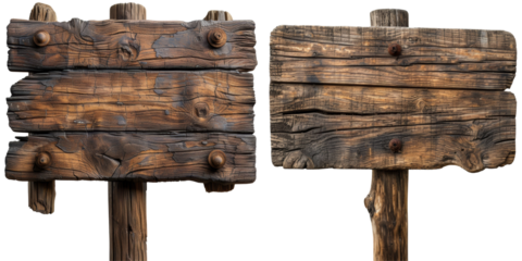 Wooden Signs Close-Up Set Isolated on Transparent or White Background, PNG