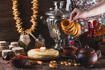 Tea party with pancakes, samovar tea and pickles - obrazy, fototapety, plakaty