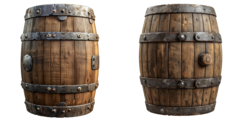 Wooden Oak Barrel Set Isolated on Transparent or White Background, PNG