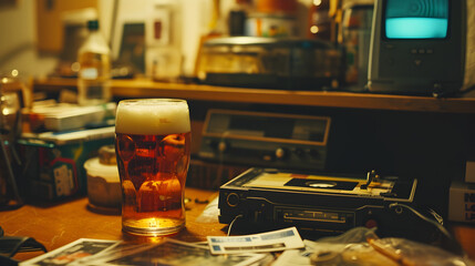 Cinematic wide angle photograph of a beer pint glass on a desk by a 90s cassette player. Product photography. Advertising. - obrazy, fototapety, plakaty