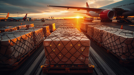 Cargo logistics containers next to an airplane at sunset. Air transport shipment is preparing to be loaded into modern cargo jets at the airport.