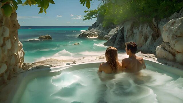 Spa couple relaxing enjoying jacuzzi hot tub bubble bath outdoors on romantic summer vacation travel holidays or honeymoon. Young interracial couple in love, Caucasian man. love