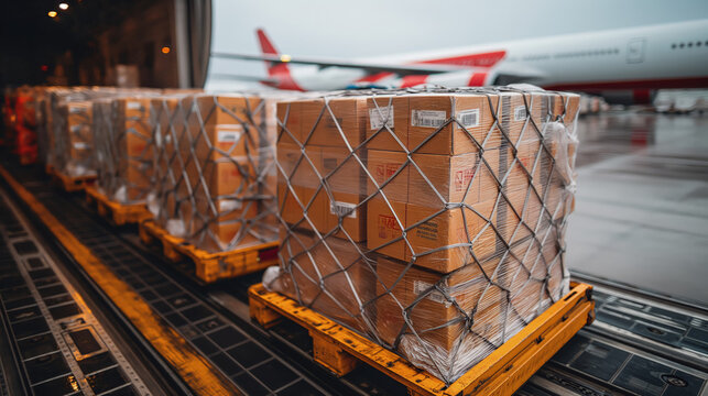 Cargo logistics containers next to an airplane at sunset. Air transport shipment is preparing to be loaded into modern cargo jets at the airport.