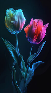 two neoncolored flowers tulips are in a black background