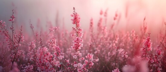 A beautiful natural landscape with a magenta flowering plant surrounded by pink flowers, set...
