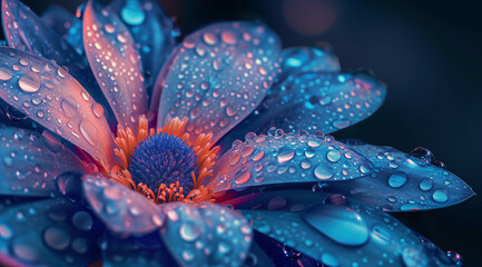 water droplets on a blue and pink flower - Powered by Adobe
