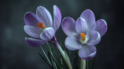 two crocus flowers on a dark background