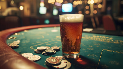Cinematic wide angle photograph of a beer pint glass on a poker table. Product photography. Advertising. - obrazy, fototapety, plakaty