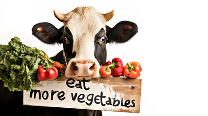 A cow holding a sign saying Eat more vegetables. Healthy alkaline diet, health food concept. Room for test or copy space