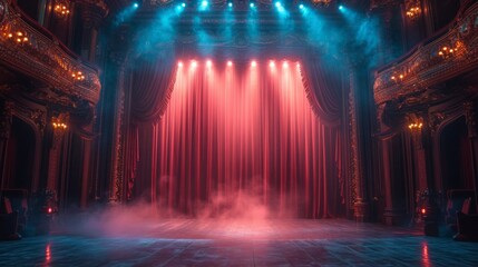 Theater stage with red curtains are opening with spotlight performance lights showing.