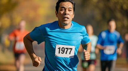 A focused senior man with a race bib numbered 1977 is actively running in a marathon event, showcasing fitness and endurance.