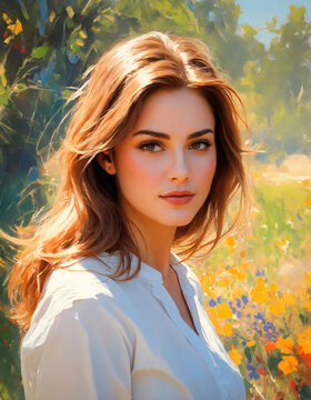 A beautiful girl against the backdrop of trees and flowers, summer. An oil painting.