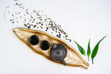 Green Tea Composition with bamboo leaves, banner. Chinese traditional tea set, tea ceremony...