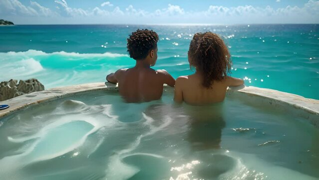 Spa couple relaxing enjoying jacuzzi hot tub bubble bath outdoors on romantic summer vacation travel holidays or honeymoon. Young interracial couple in love, Caucasian man. love