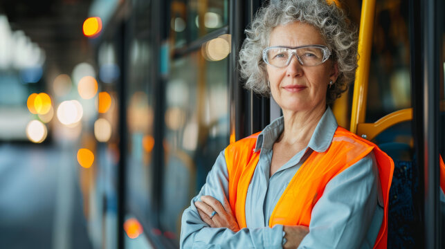 A confident bus driver in a safety vest stands with arms crossed next to the open door of a city bus, smiling warmly at the camera.