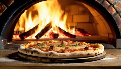 Delicious Italian pizza in front of brick wood-fired oven. Tasty fast food.