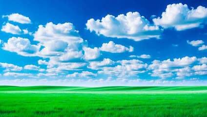 Fototapeta premium meadow, grassland, landscape,agriculture,lawn, field, sky, cloud, flower, nature, spring,Background image of a vast green field under a bright blue sky. bright green grass Receives light well The ba